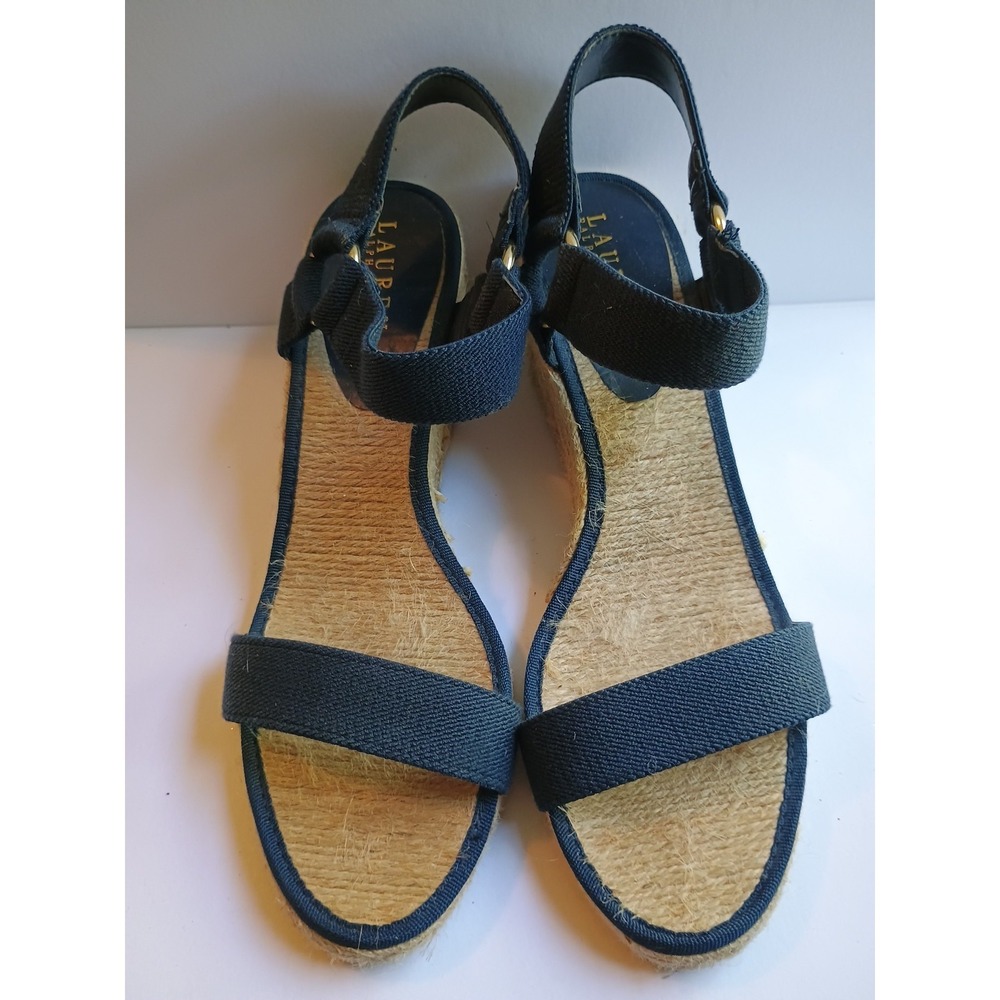 Lauren Ralph Lauren Espadrille Navy/Natural Wedge Sandals‎ Womens Size 9.5
